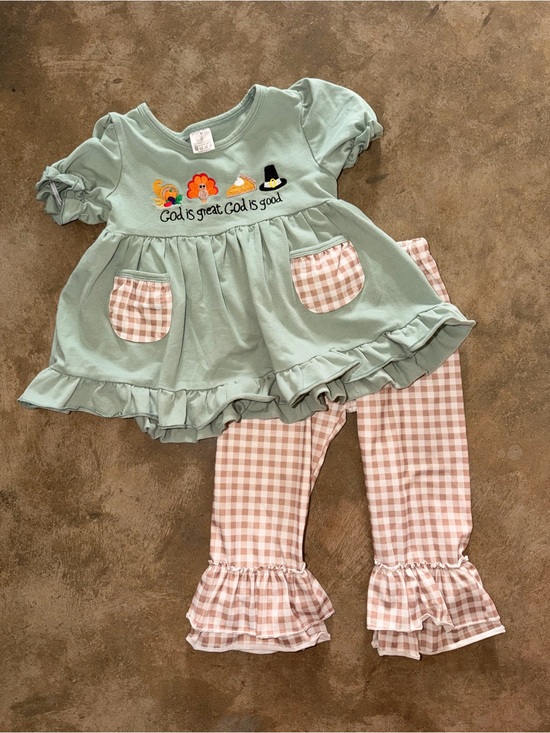 Other - Girls 2T Thanksgiving God Is Great Turkey Gingham Ruffle Outfit Set